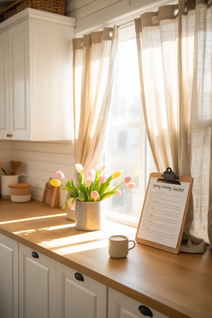 Printable spring cleaning checklist on a clipboard next to coffee in a bright farmhouse kitchen