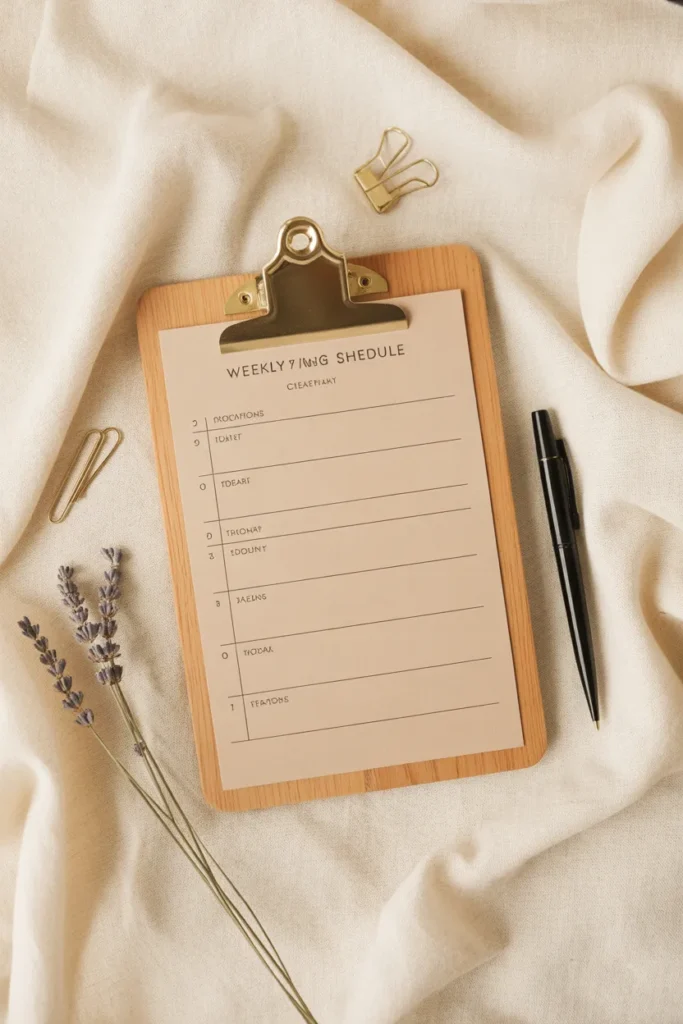 Printable weekly cleaning schedule template flat lay with lavender and clipboard