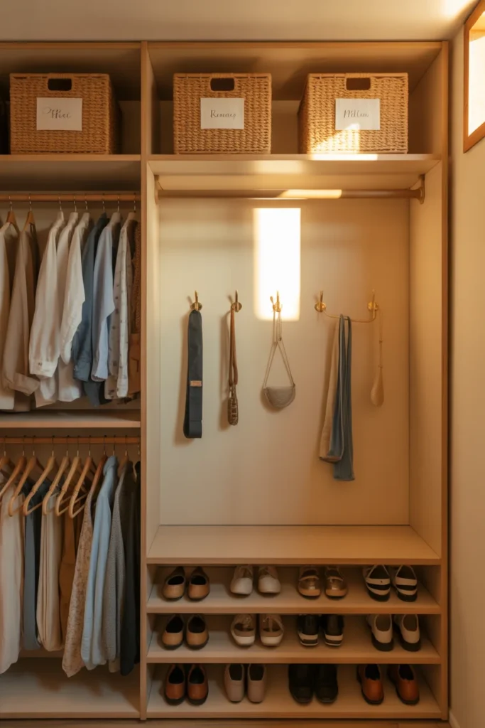 Professionally zoned small closet with separate areas for hanging clothes shoes and accessories