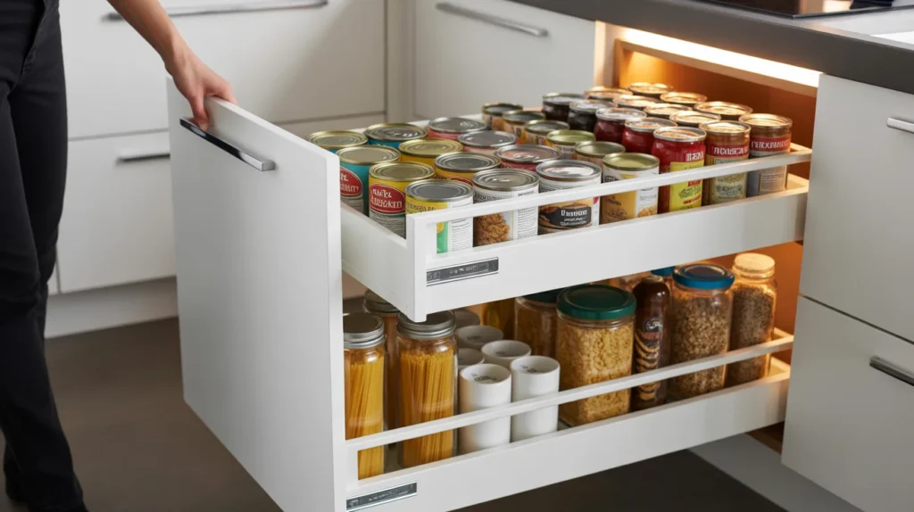 Pull-out sliding pantry drawer revealing organized canned goods and jars for accessible pantry storage in deep shelves