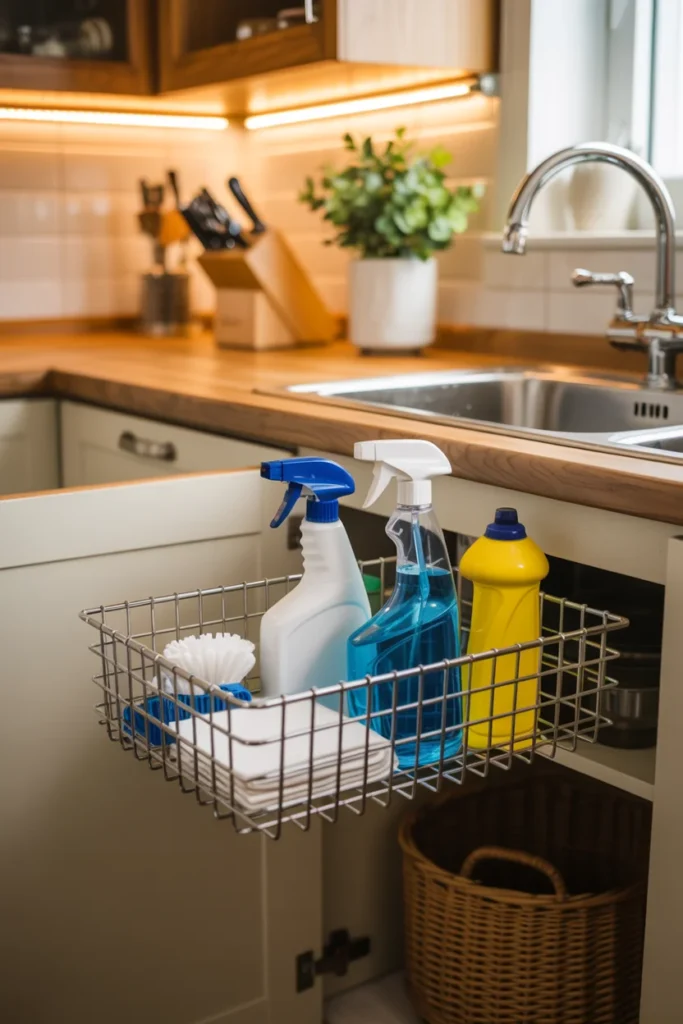 Pull-out sliding wire basket under kitchen sink holding cleaning supplies for easy access