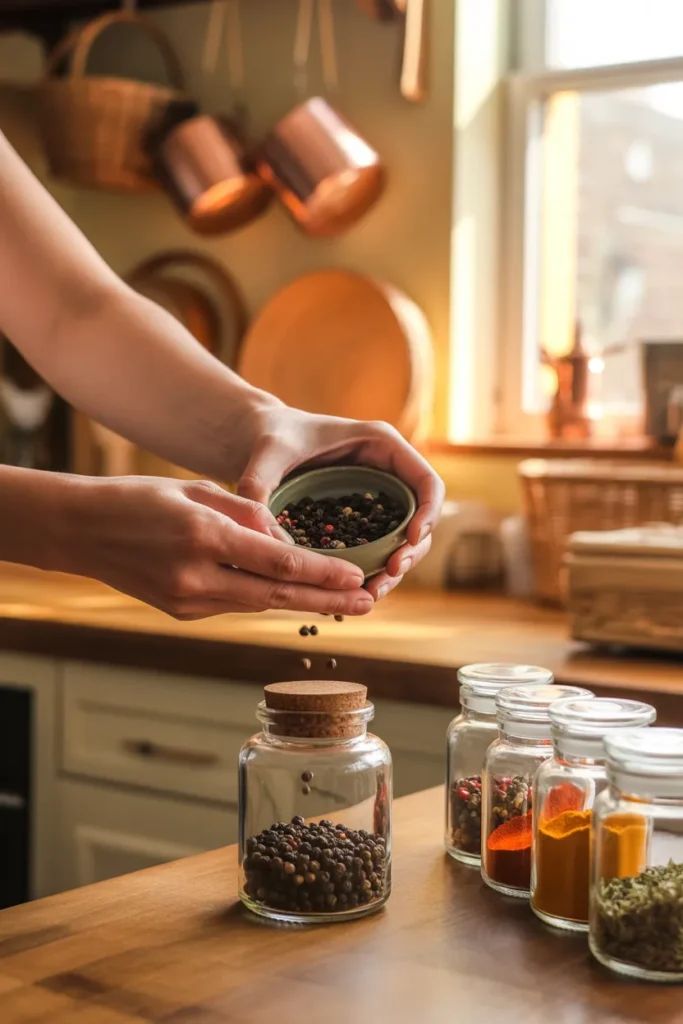 Refilling glass spice jar with fresh whole peppercorns for long lasting flavor