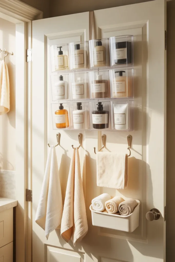 Renter-friendly closet door organization with pocket organizer and adhesive hooks for hand towels.