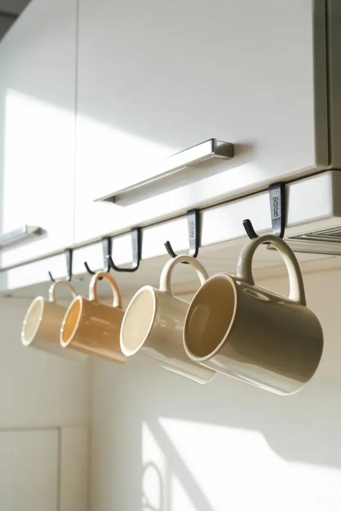 Renter friendly storage using Command hooks for coffee mug organization in a small apartment kitchen