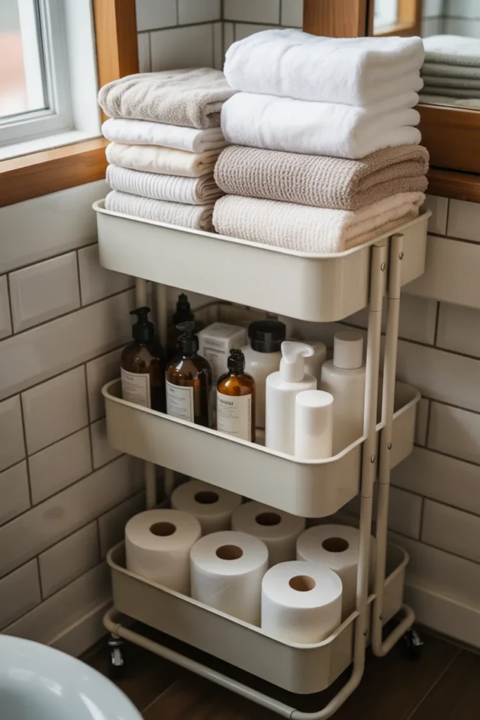 Rolling utility cart for small bathroom storage — mobile bathroom organization idea for tiny spaces.
