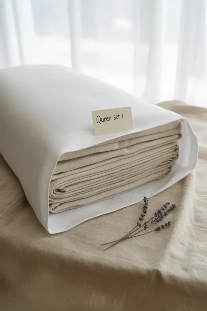 Sheet set folded inside a matching pillowcase with a labeled tag for easy linen closet storage.