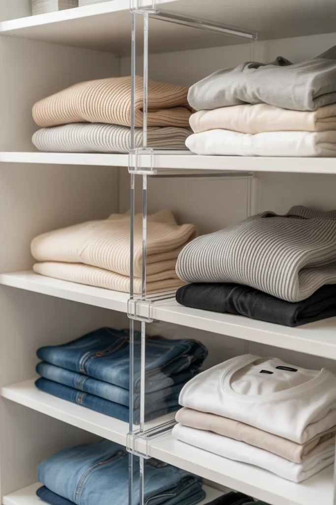  Shelf dividers organizing folded clothes in a small closet to prevent messy stacks
