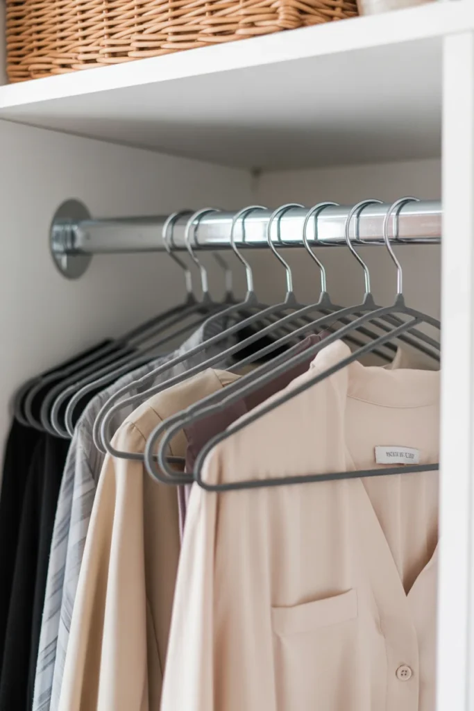 Slim velvet hangers saving rod space in a small organized closet