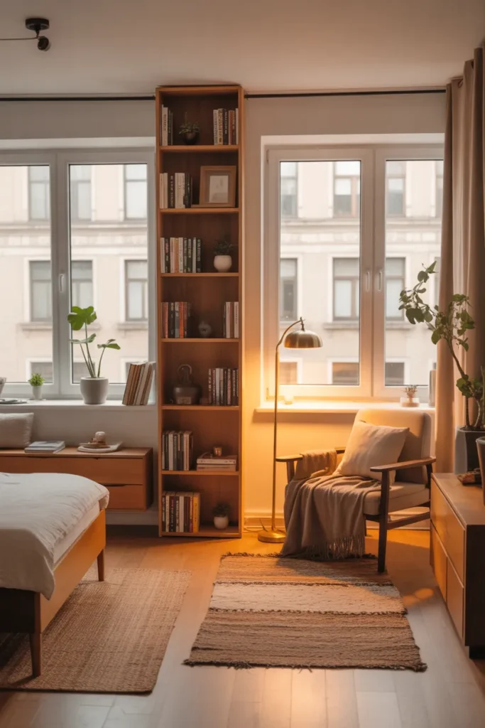 Small apartment hacks creating zones in studio with bookshelf divider for renters