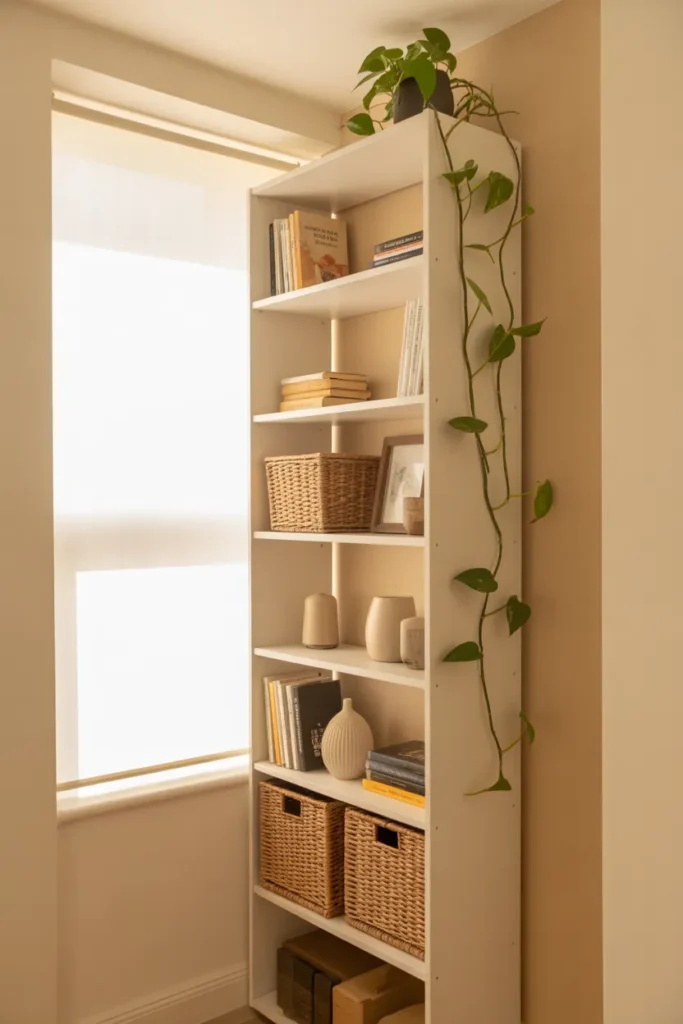 Small apartment hacks using vertical shelving and baskets for renter friendly storage