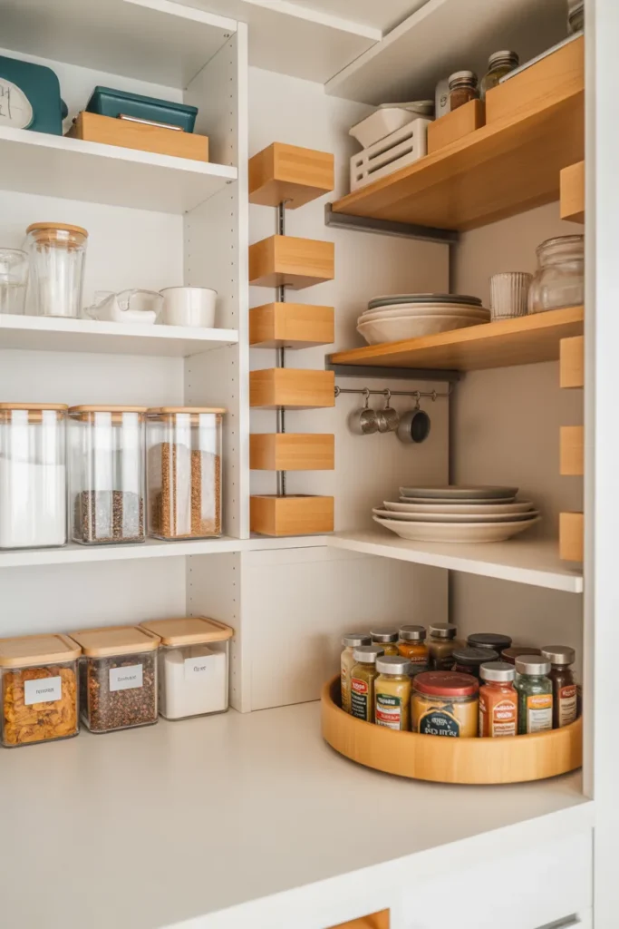 Small apartment kitchen organization hacks with cabinet risers and lazy susan for budget renters