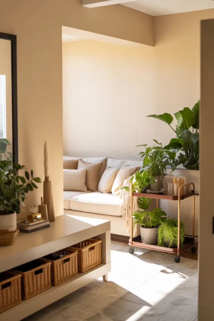 Small apartment organization ideas for renters on a budget with woven baskets and rolling cart