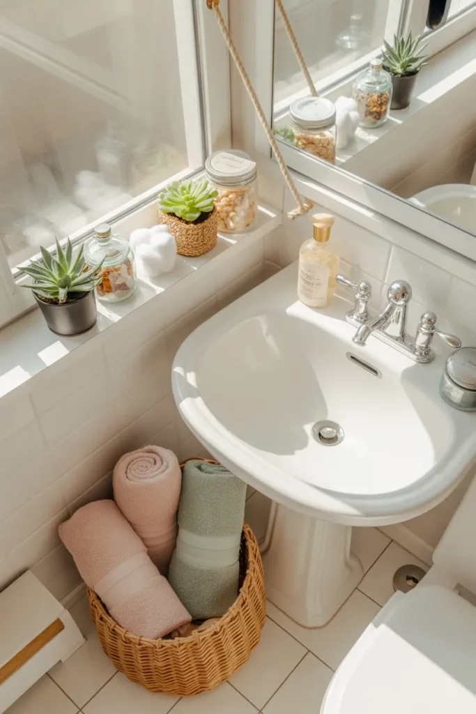 Small bathroom storage ideas for tiny spaces with no drilling — organized rental bathroom featuring pedestal sink and woven baskets.