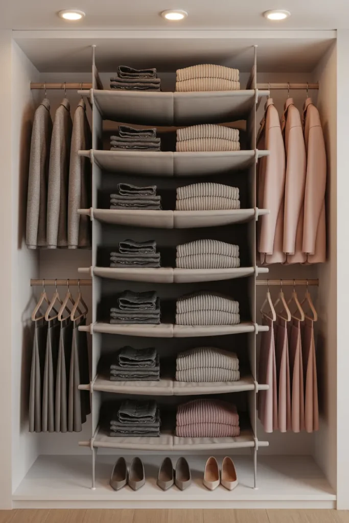 Small closet organization using Amazon hanging fabric shelves, velvet hangers, and budget-friendly storage bins under $25.