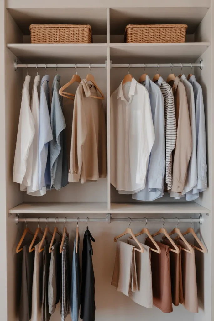 Small closet with double hanging rods maximizing vertical space for shirts and pants