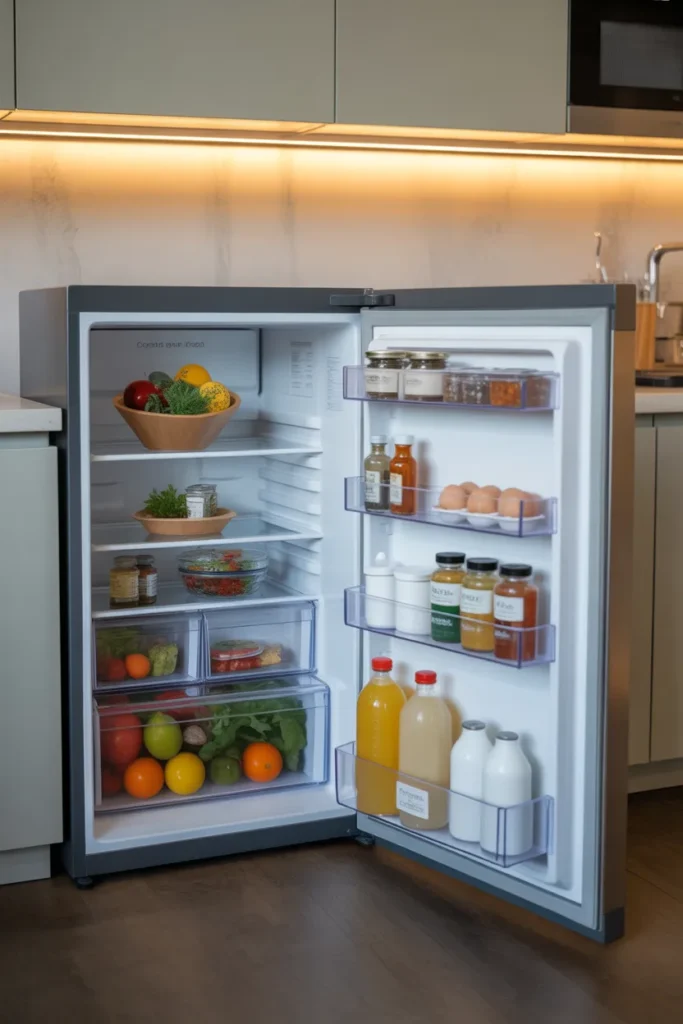 Small fridge organization ideas — compact refrigerator organized with stackable bins, magnetic containers, and door-mounted organizers for small spaces
