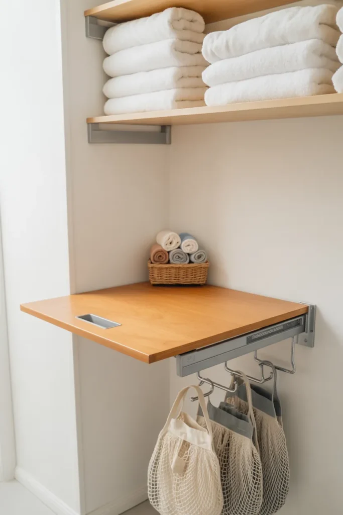 Small laundry room folding station with wall mounted drop down table, perfect laundry storage idea for tiny spaces.