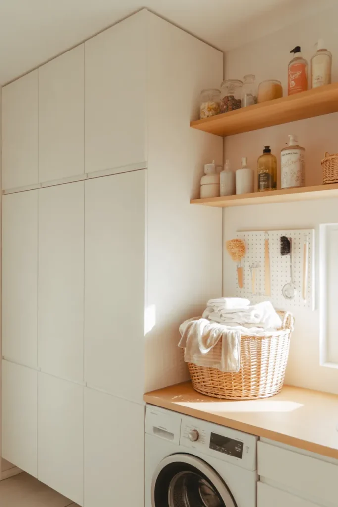 Small laundry room hacks using vertical storage with tall cabinets, floating shelves, and pegboard for maximum space.