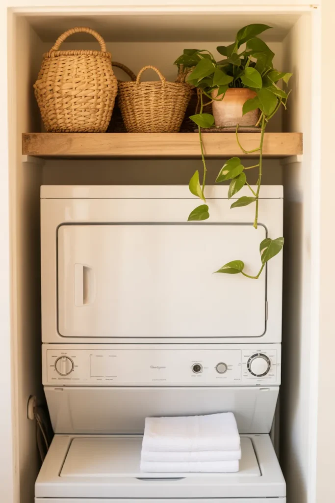 Small laundry room with woven baskets during Saturday laundry day routine