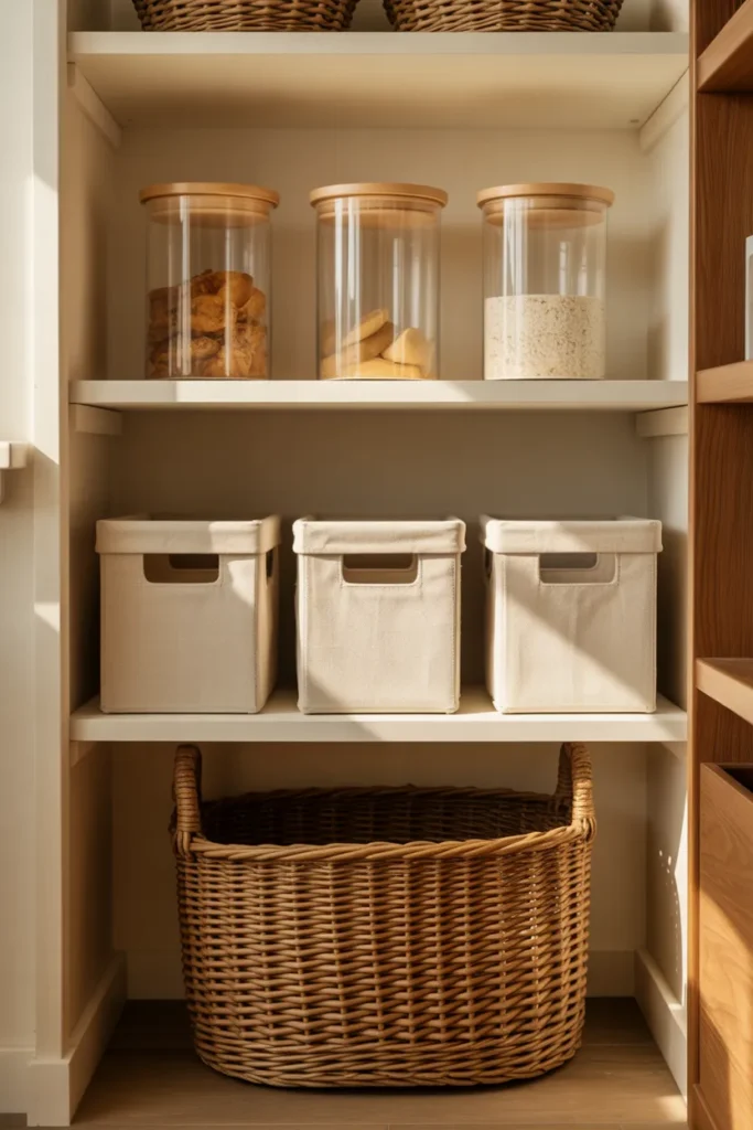 Small pantry layout with rule of three styling and 20 percent empty space