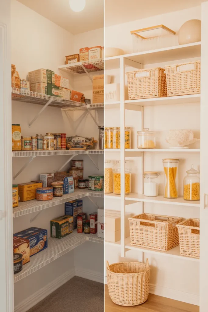 Small pantry makeover before and after on a $50 budget with cream baskets and glass jars