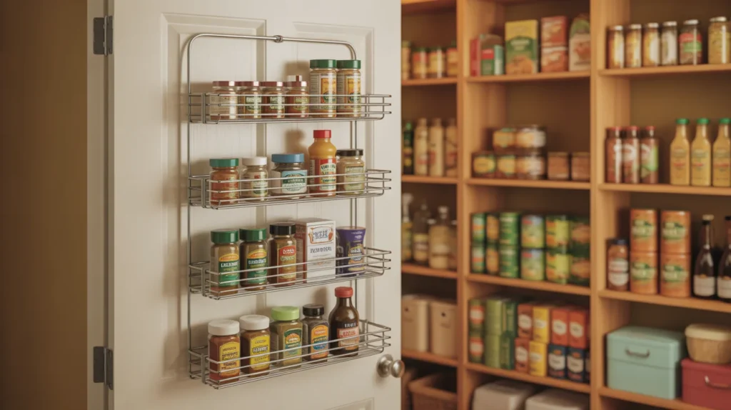 Small pantry makeover with door-mounted wire rack holding spices and seasonings to maximize pantry storage space
