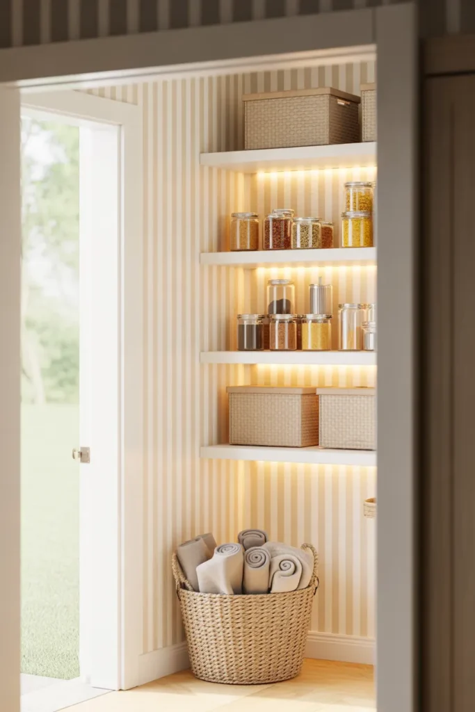 Small pantry with peel and stick wallpaper and seagrass basket as a budget splurge
