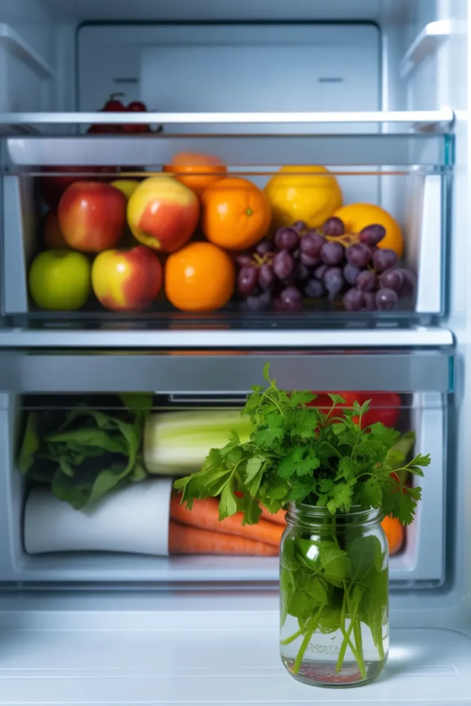 Smart refrigerator organization ideas for produce — crisper drawer storage hacks with separated fruits, wrapped vegetables, and fresh herbs in water