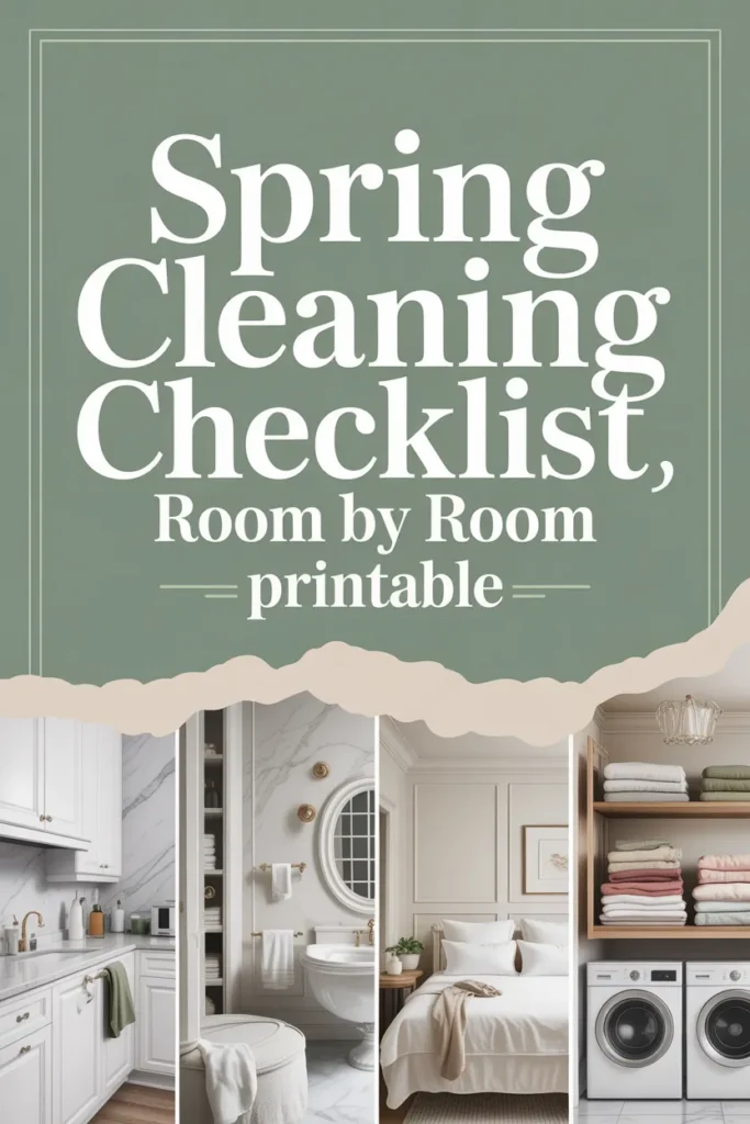 Spring cleaning checklist room by room printable Pinterest pin graphic with clean home photos