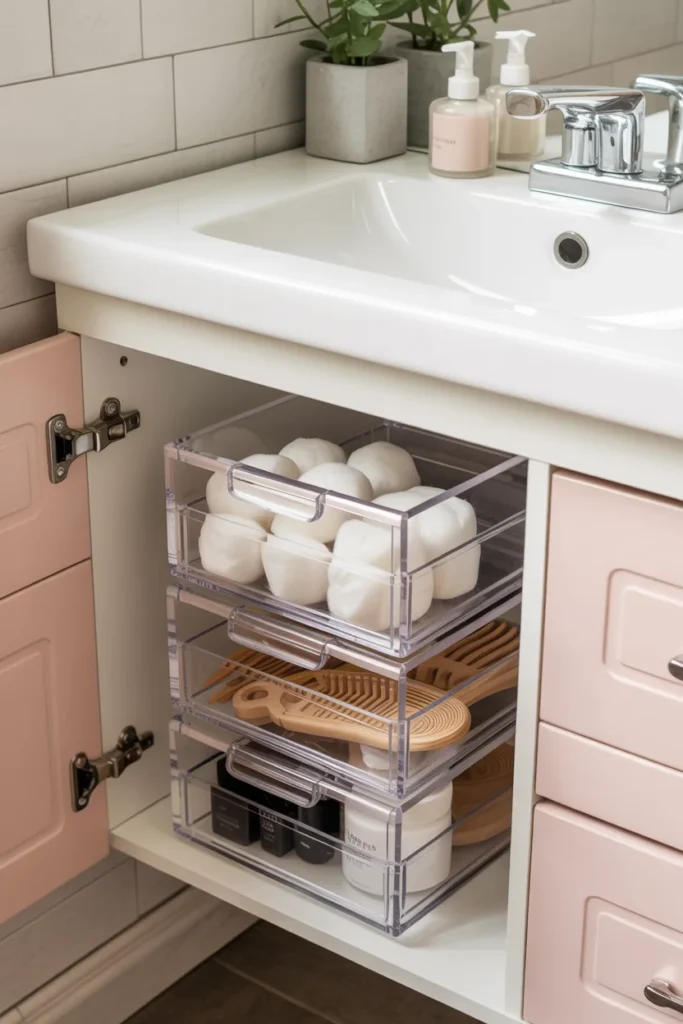 Stackable acrylic drawers organizing bathroom supplies under sink including cotton balls, hair ties, and skincare products