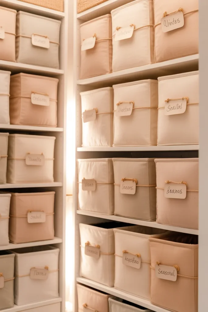 Stackable fabric storage bins organized vertically in a small closet for maximum space