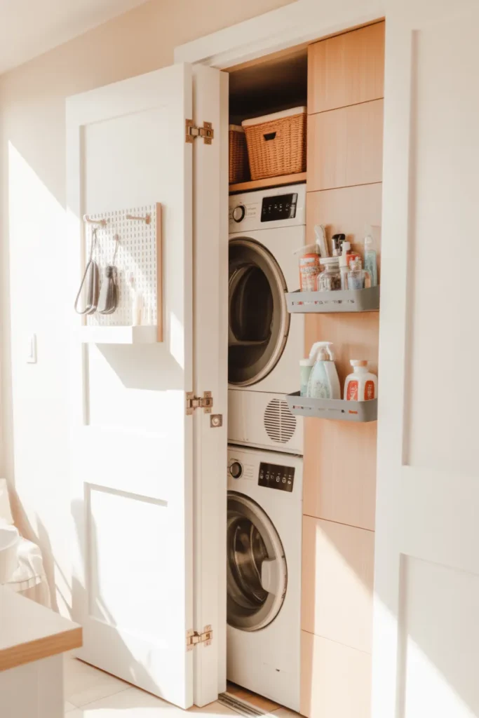  Stacked washer and dryer in small laundry closet with narrow cabinet and inside door 