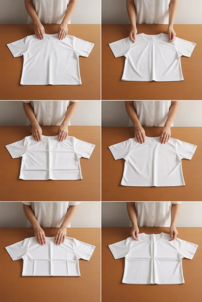 Step by step KonMari folding method tutorial for t-shirts to organize dresser drawers