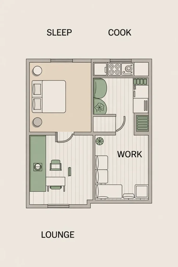 Studio apartment floor plan divided into four zones for sleep, cook, work, and lounge organization.