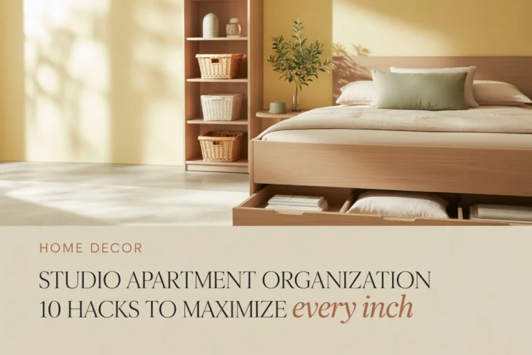 Studio apartment organization Pinterest pin showing a light oak storage bed, white bookshelf, and 10 space-saving hacks.