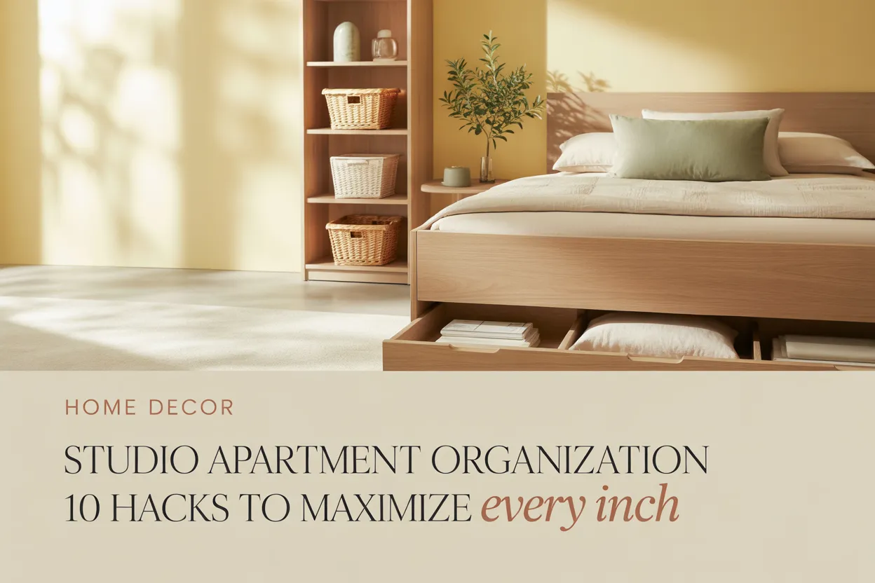 Studio apartment organization Pinterest pin showing a light oak storage bed, white bookshelf, and 10 space-saving hacks.