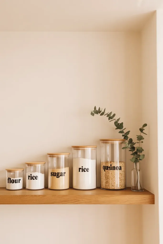 Styled Japandi pantry shelf with matching glass canisters and clean black vinyl pantry labels.