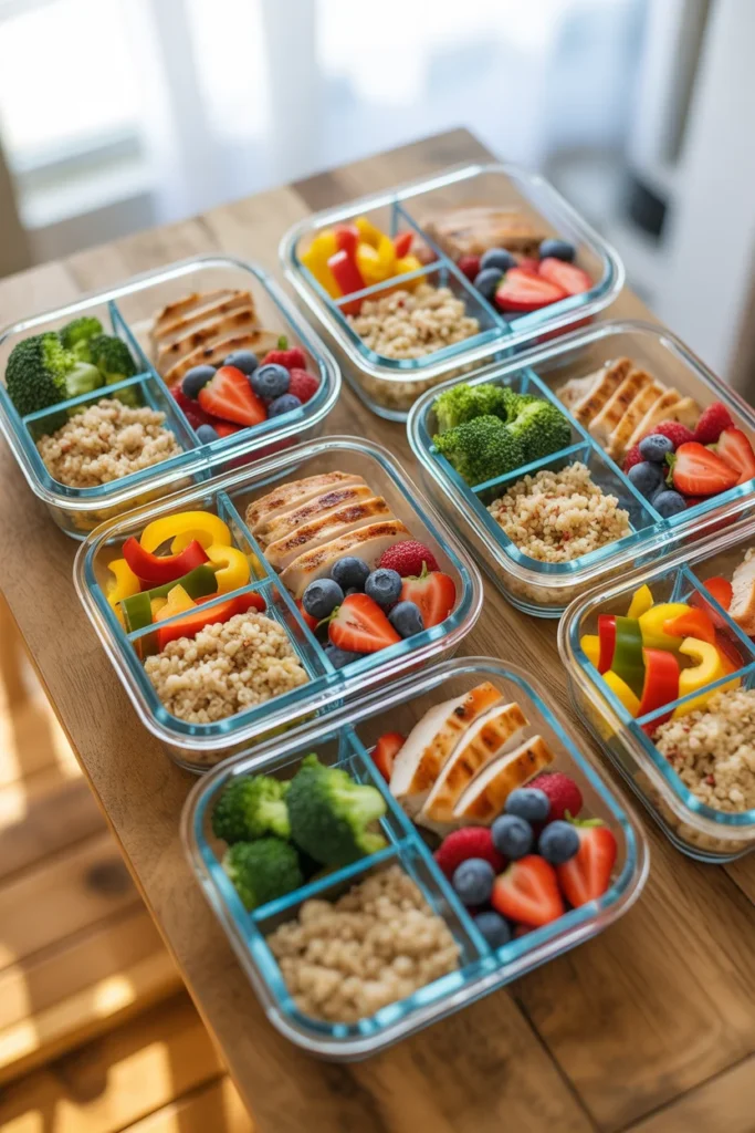 Sunday meal prep containers with healthy food including vegetables grains and protein on kitchen counter