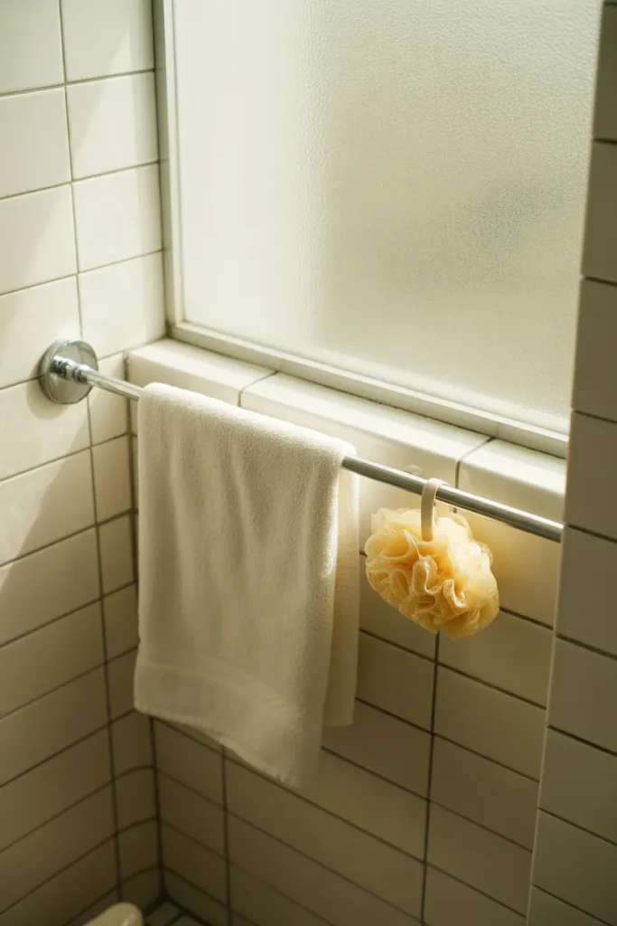 Tension rod shower storage hack — renter-friendly bathroom organization idea with no drilling required.
