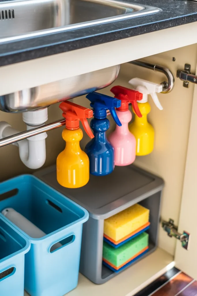 Tension rod under sink hack holding spray bottles by triggers to free up cabinet floor space