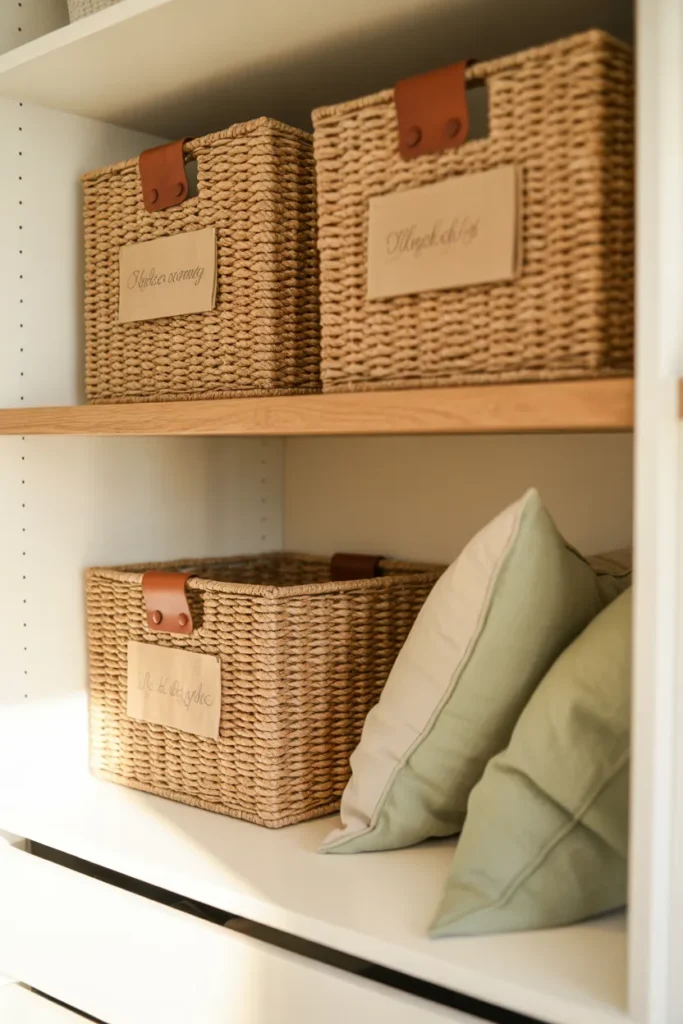 Three woven seagrass bins on a closet top shelf as part of a budget closet makeover