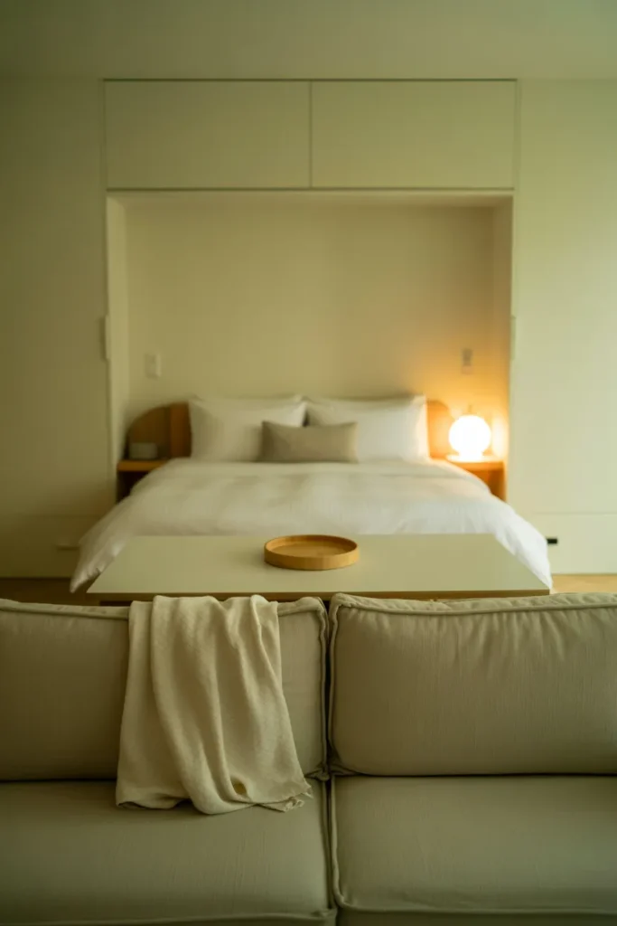 Tidied studio apartment at dusk after a 10-minute reset routine, with made bed and clear surfaces.