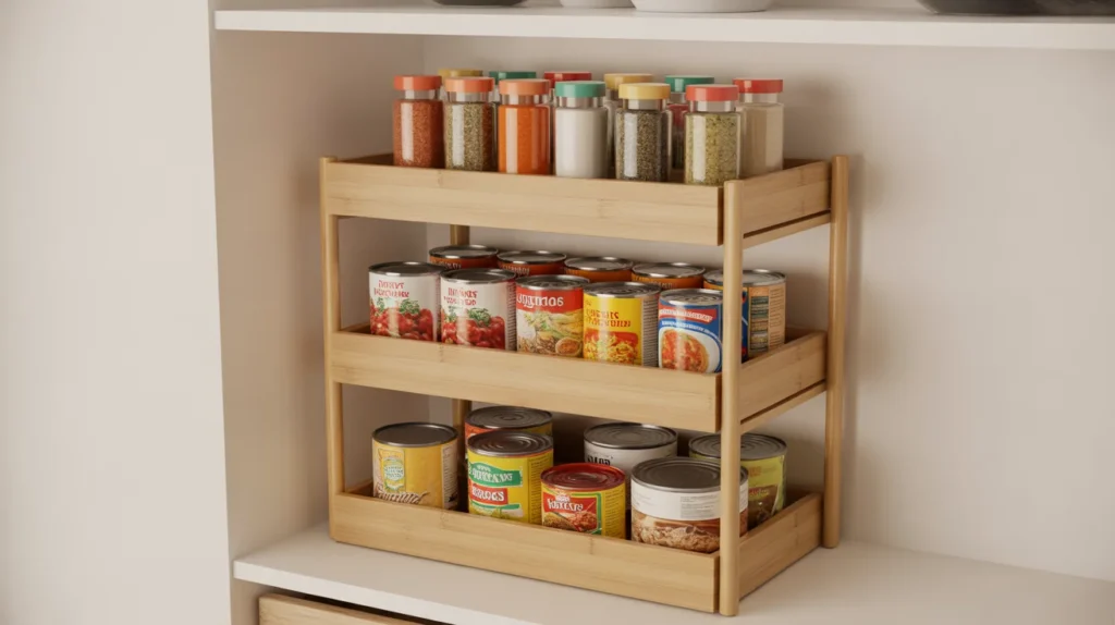  Tiered shelf riser in pantry showing all canned goods and spice jars visible for easy pantry organization and meal planning