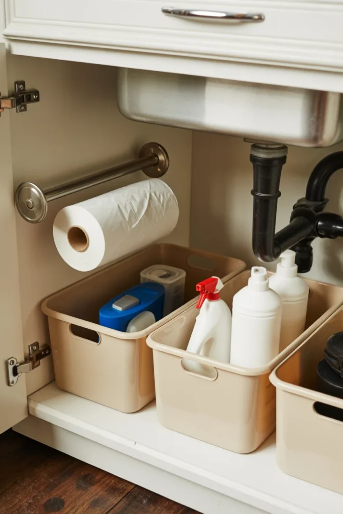 Trash bag storage hack using mounted rod inside under sink cabinet for easy single-bag dispensing