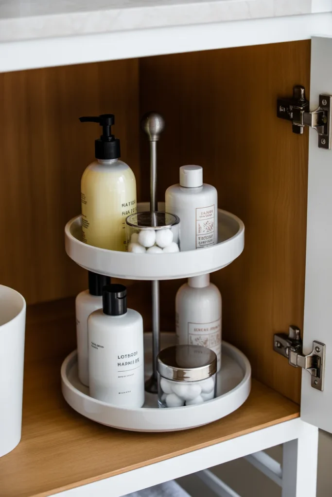 Two-tier lazy Susan under bathroom sink organizing toiletries and cleaning supplies in a deep cabinet