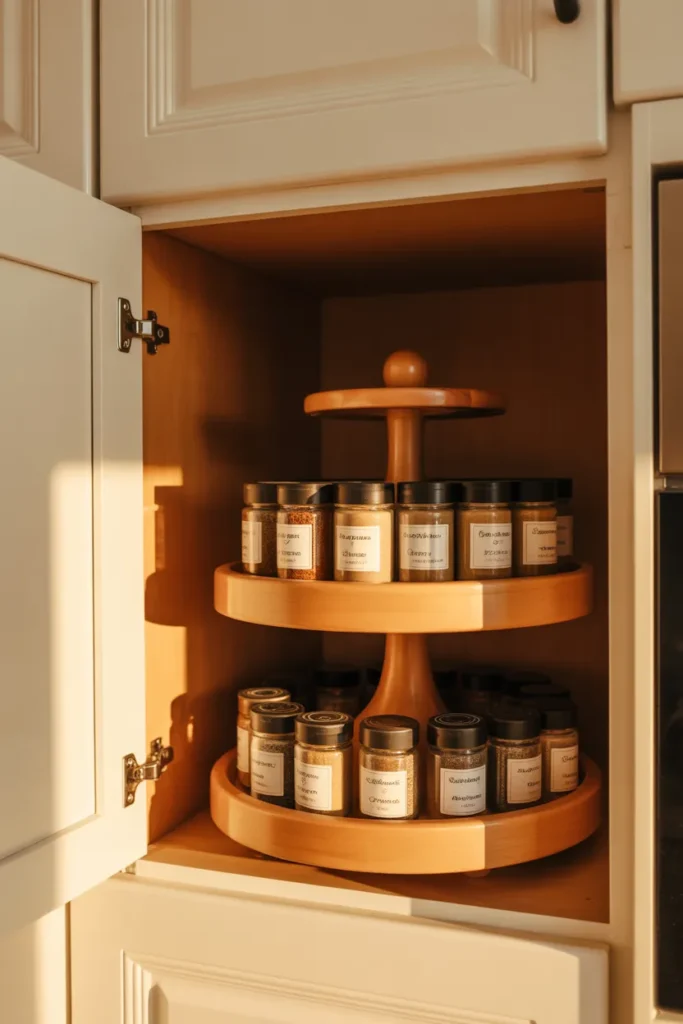 Two tier lazy susan spice organizer rotating inside deep kitchen cabinet