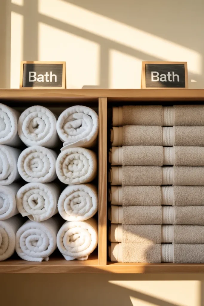 Two towel storage ideas comparing rolled and library stack methods on a wooden linen closet shelf.