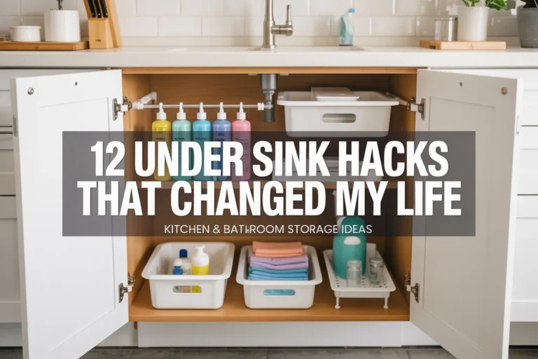 Under sink organization ideas — 12 clever storage hacks for kitchen and bathroom showing clear bins, tension rod, and labeled containers inside an open cabinet
