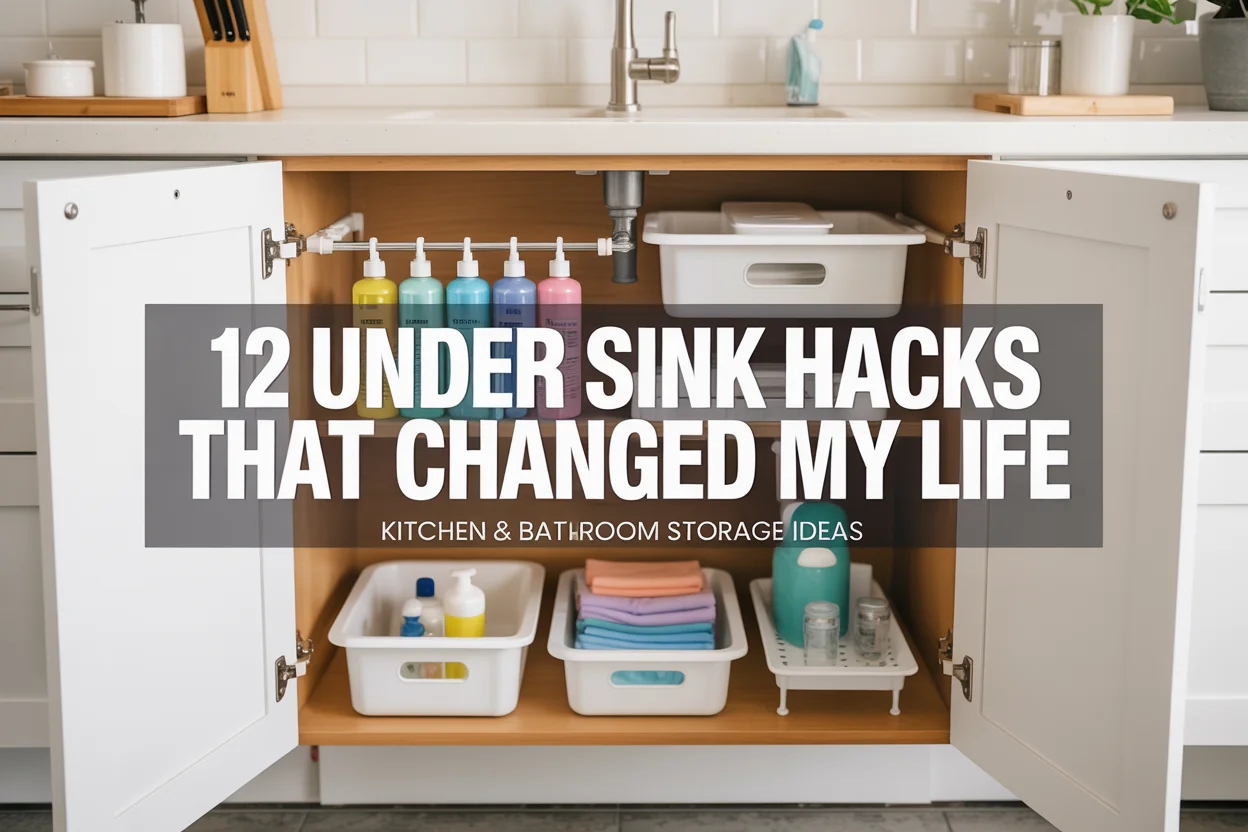 Under sink organization ideas — 12 clever storage hacks for kitchen and bathroom showing clear bins, tension rod, and labeled containers inside an open cabinet