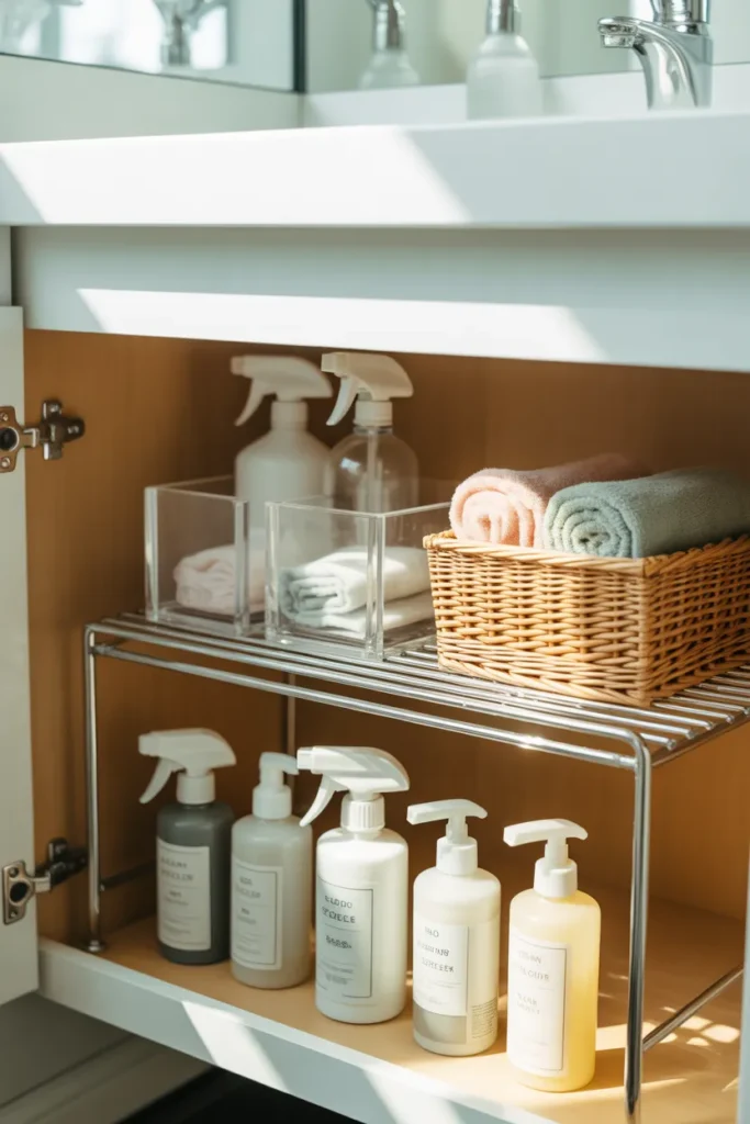 Under sink organization using Amazon expandable two-tier shelf and clear storage bins for budget bathroom organizing.